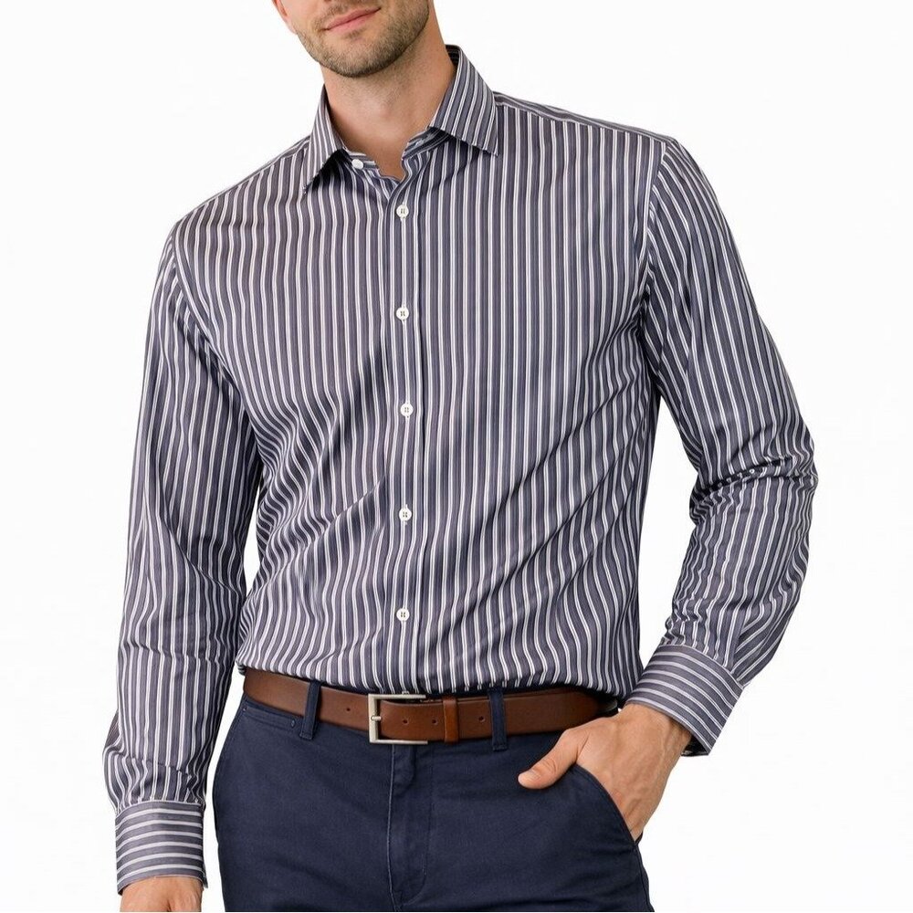 Bugatchi Uomo Stripe Cotton Blue Dress Shirt 15 32/33 Designer Luxury Preppy